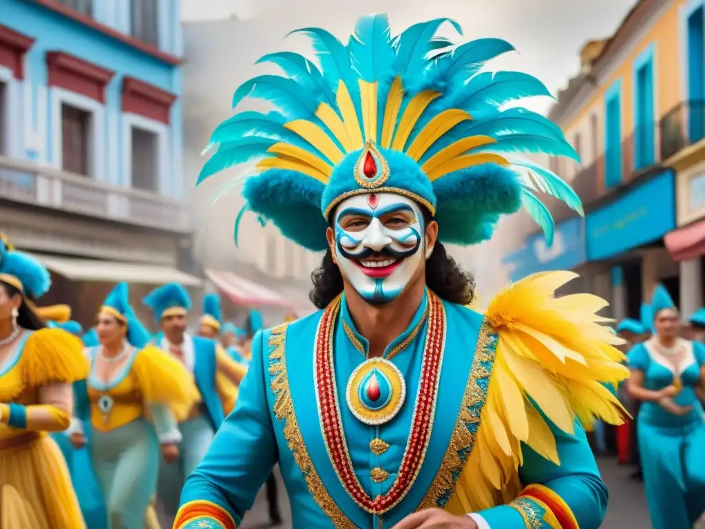 Pintura acuarela: Carnaval vibrante en Uruguay Un vibrante cuadro de acuarela del alegre desfile de carnaval en Uruguay, con carrozas coloridas, bailarines y espectadores entusiastas