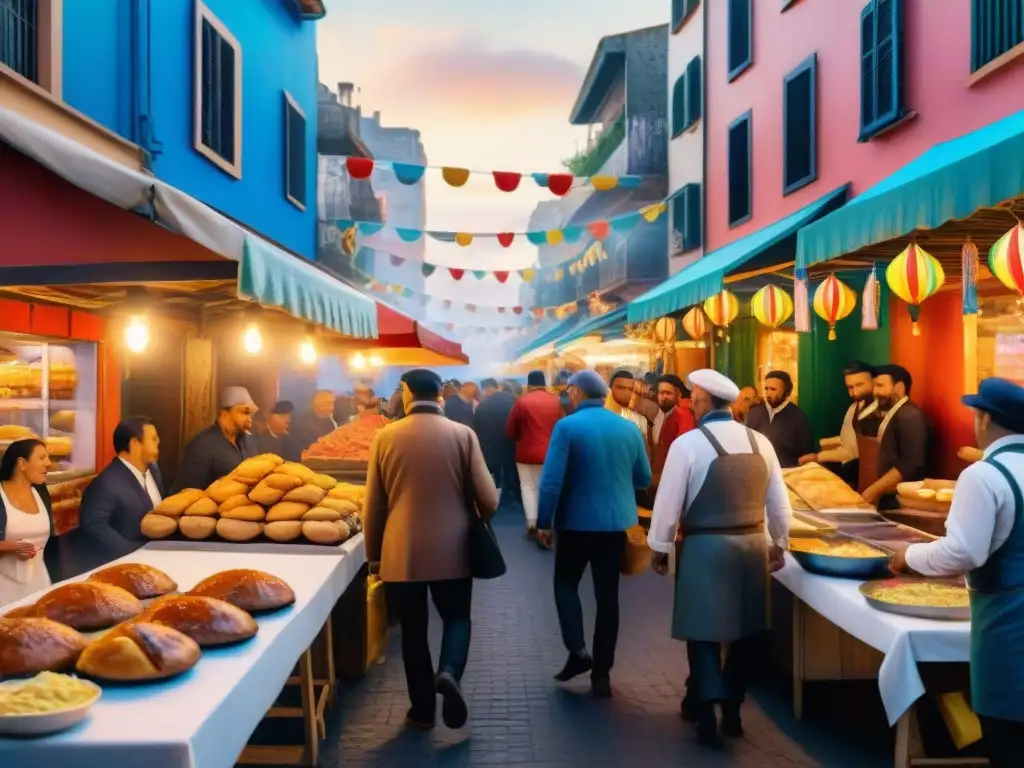 Calles vibrantes del Carnaval de Montevideo: fiesta culinaria uruguaya Un vibrante cuadro acuarela de la animada gastronomía del Carnaval Uruguayo en Montevideo