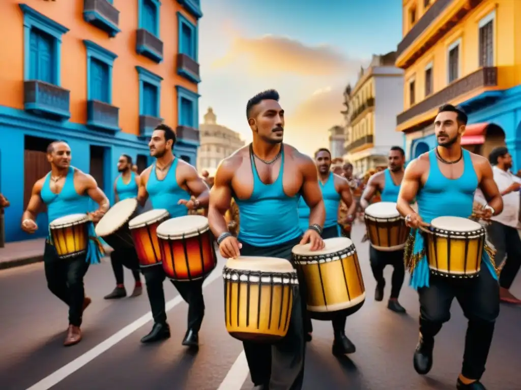 Vibrante Candombe en Montevideo: Tamborileando al atardecer Un vibrante cuadro de acuarela que muestra un animado círculo de tambores de Candombe en Montevideo, Uruguay