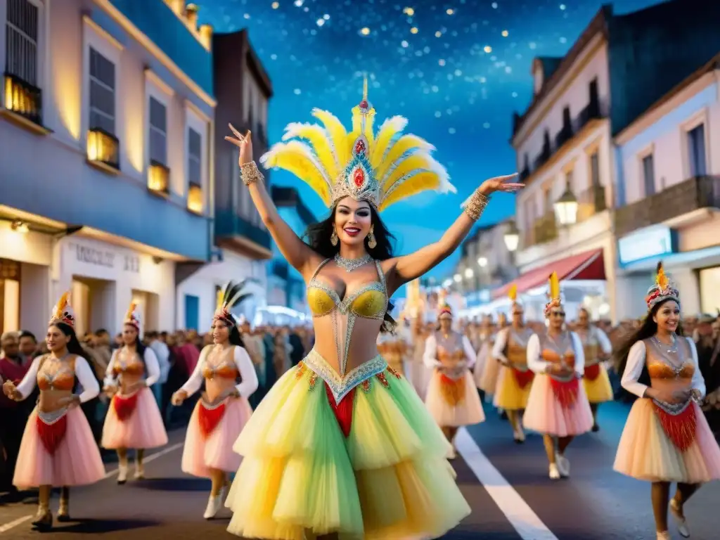 Carnaval en Uruguay: Noche Estrellada de Fiesta Colorida Un vibrante cuadro de acuarela que representa un animado desfile de Carnaval en Uruguay bajo un cielo estrellado