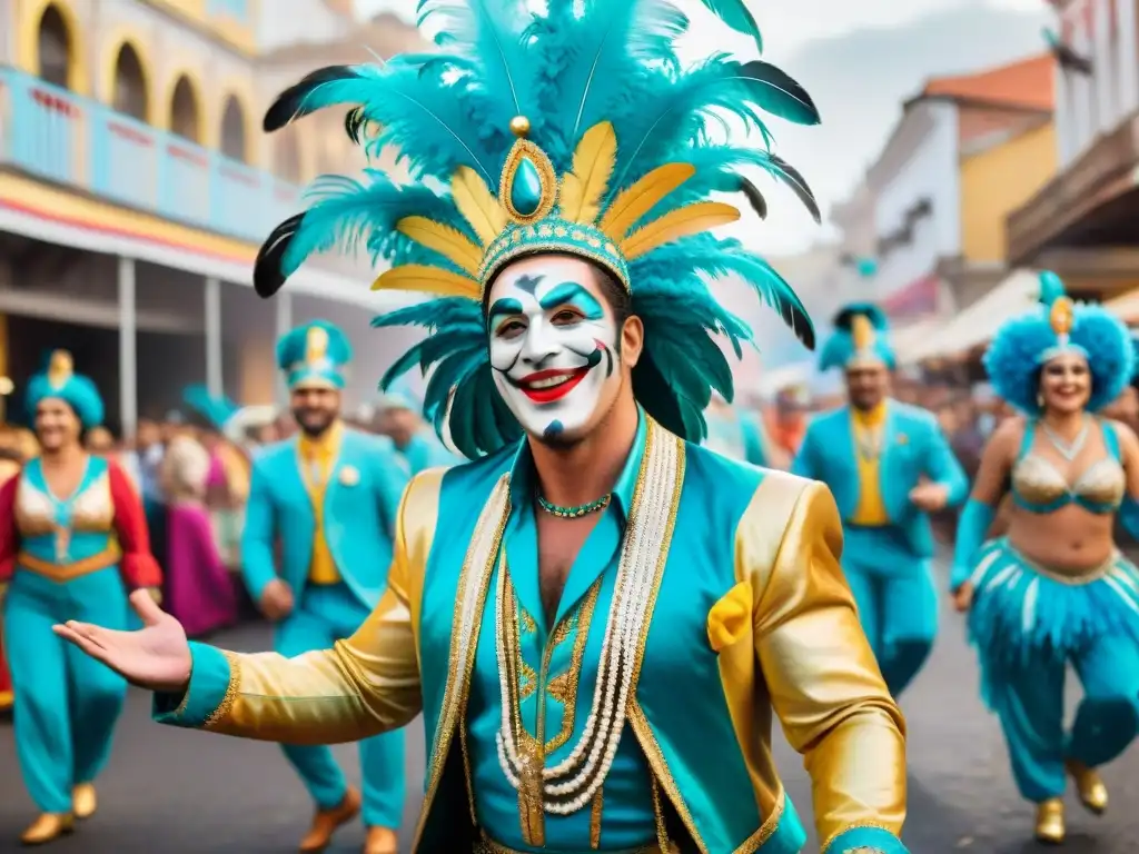 Deslumbrante carnaval en Uruguay: danza y colorido Un vibrante cuadro acuarela muestra a artistas carnavaleros uruguayos superando con pasión y color