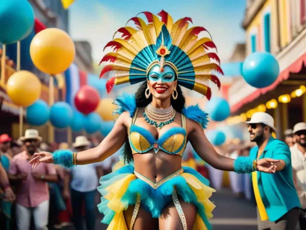 Desfile de artistas de carnaval de Uruguay: colorida celebración Un vibrante cuadro acuarela de artistas de carnaval de Uruguay, radiantes en trajes coloridos, bailando en desfile callejero