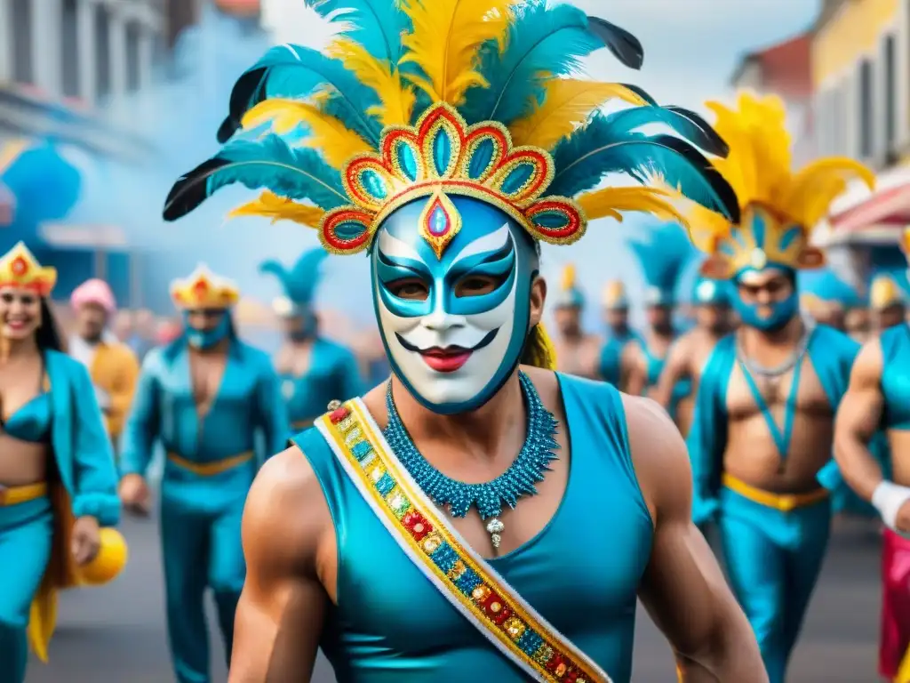 Desfile colorido de artistas de carnaval uruguayo Un vibrante cuadro de acuarela de artistas carnavaleros uruguayos mostrando superación en un desfile festivo