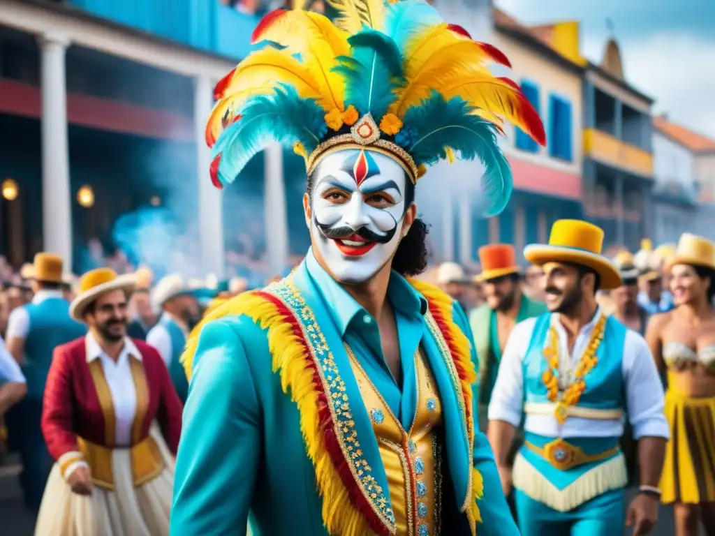 Deslumbrante desfile de carnaval en Uruguay: colores vivos y festividad Un vibrante cuadro de acuarela que muestra a artistas de carnaval danzando en Uruguay