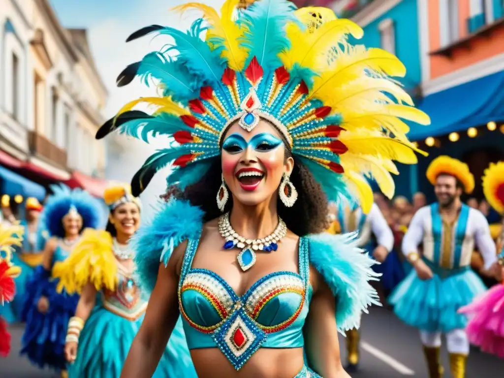 Colorida pintura acuarela de bailarines de carnaval en Uruguay Un vibrante cuadro acuarela de bailarines de carnaval uruguayo con trajes elaborados y colores brillantes, capturando la energía y pasión del evento