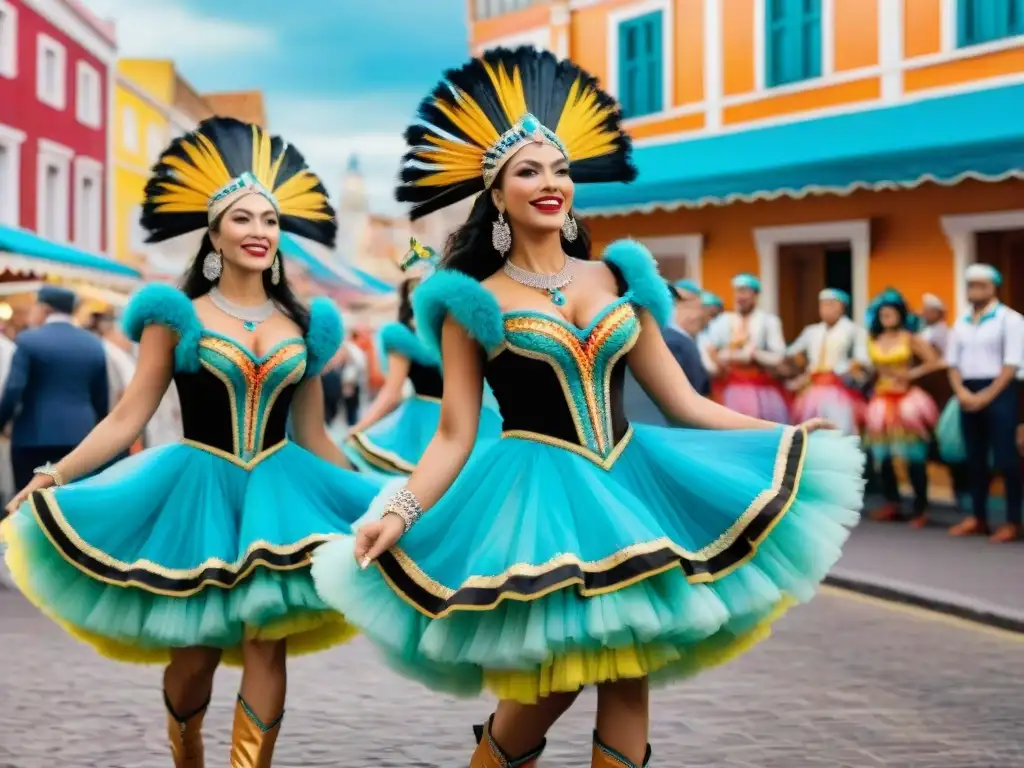 Colorida danza de carnaval en Uruguay Un vibrante cuadro de acuarela de bailarines de carnaval en Uruguay, al ritmo de la música tradicional