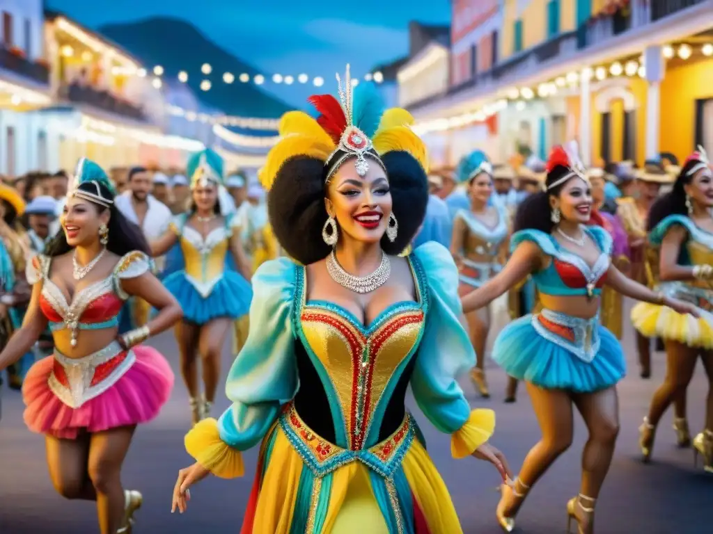 Baile de Carnaval en Uruguay: Colorida Expresión Cultural Un vibrante cuadro acuarela de bailarines de carnaval en trajes coloridos detallados, reflejando la herencia cultural de Uruguay