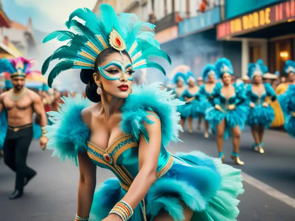 Baile vibrante: Carnaval uruguayo en acuarela Un vibrante cuadro acuarela de bailarines de carnaval en Uruguay, con trajes ornamentados y diseño único