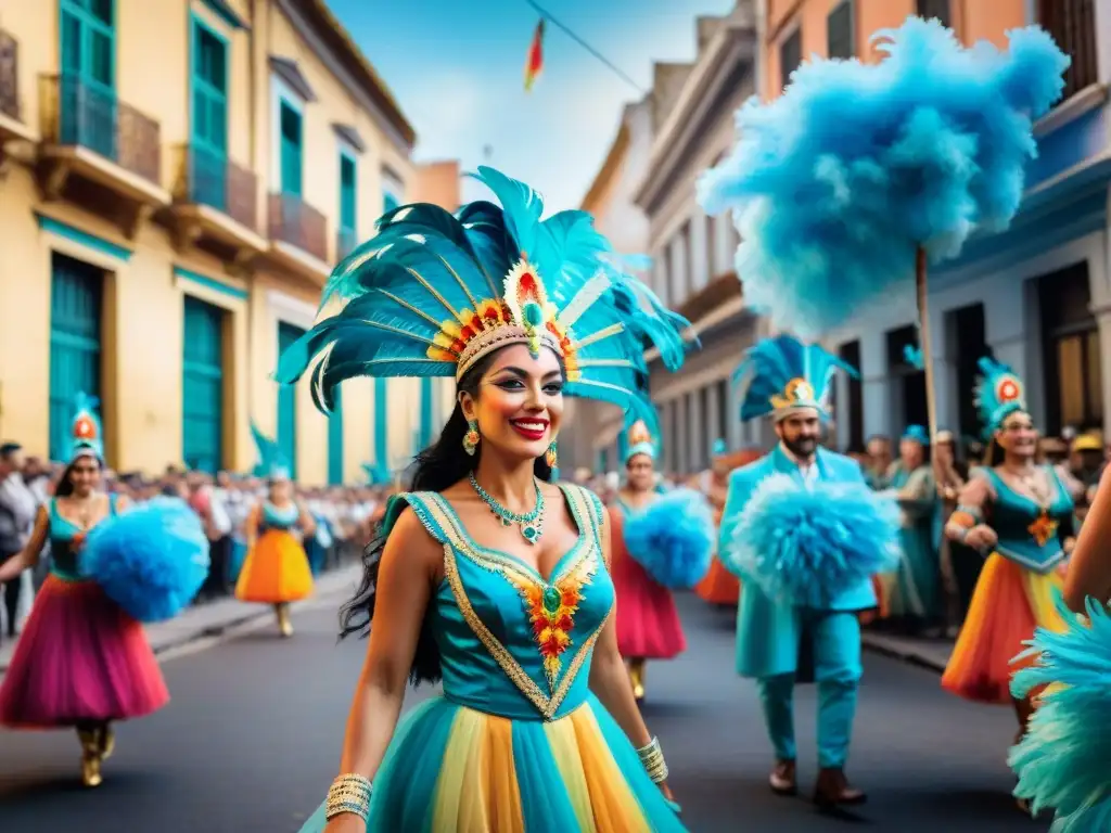 Deslumbrante carnaval uruguayo: danzas y colores en Montevideo Un vibrante cuadro acuarela retrata bailarines coloridos en trajes de Carnaval Uruguayo, preservando herencia cultural
