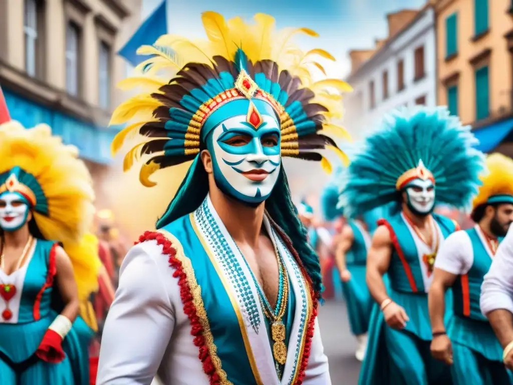 Carnaval uruguayo: danzas vibrantes y coloridas Un vibrante cuadro acuarela de bailarines de carnaval uruguayo en LinkedIn, con trajes tradicionales y alegría contagiosa