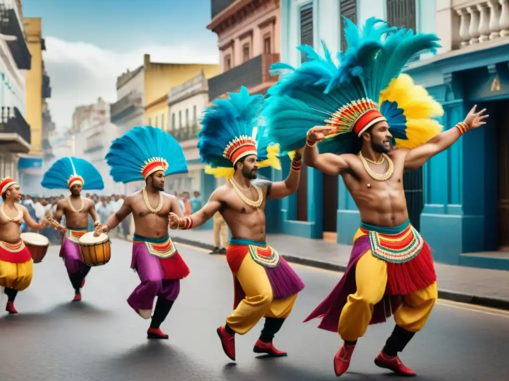 Un vibrante cuadro acuarela de bailarines de Candombe en Montevideo, con significativo vestuario Uruguay