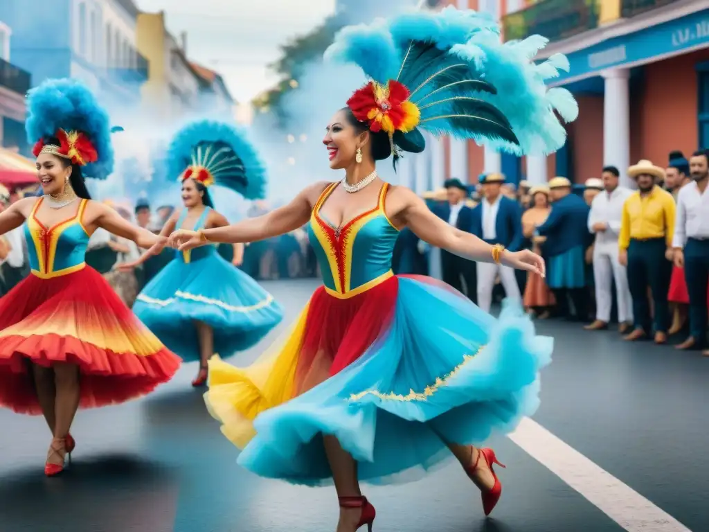 Baile tradicional uruguayo: danza y color en el carnaval Un vibrante cuadro acuarela de bailarines uruguayos en un desfile de carnaval