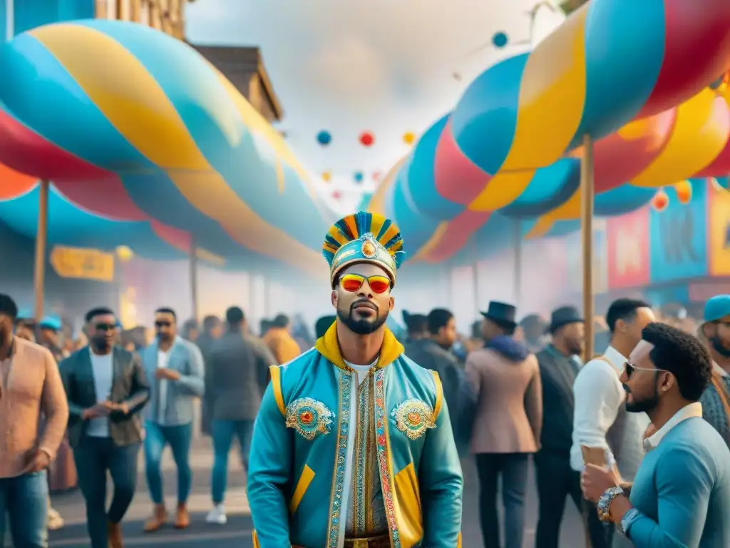 Calle del carnaval: acuarela vibrante con graffitis coloridos Un vibrante cuadro de acuarela de una bulliciosa calle de carnaval llena de tags de arte callejero carnavalero