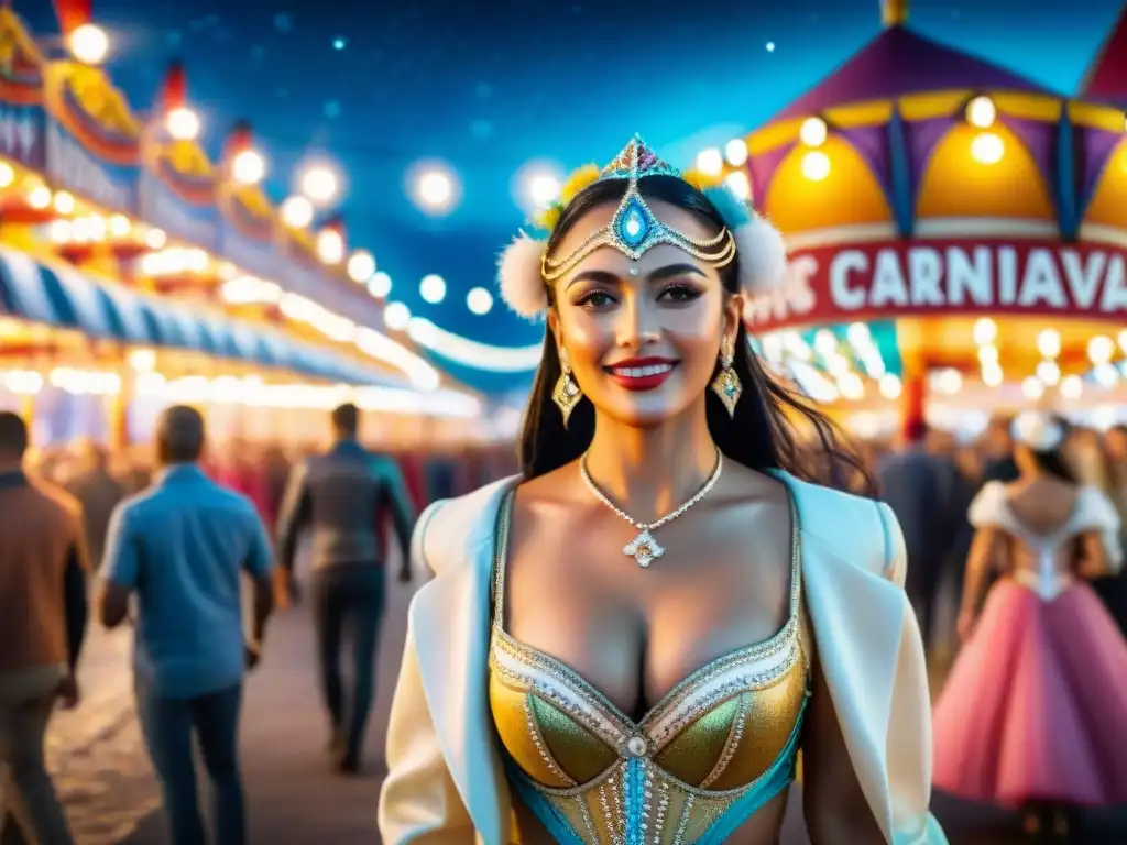 Carnaval uruguayo: fiesta bajo las estrellas Un vibrante cuadro de acuarela del bullicioso Carnaval Uruguayo bajo un cielo estrellado