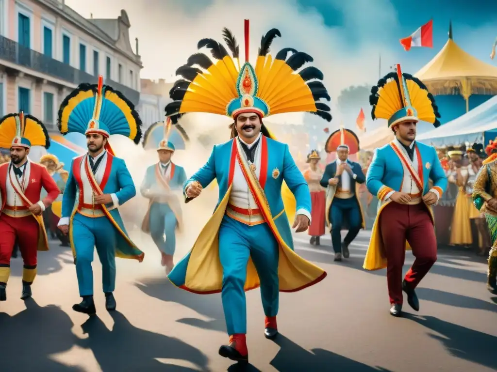 Carnaval uruguayo: vibrante y colorido Un vibrante cuadro de acuarela del bullicioso Carnaval uruguayo donde chefs transforman ingredientes en arte