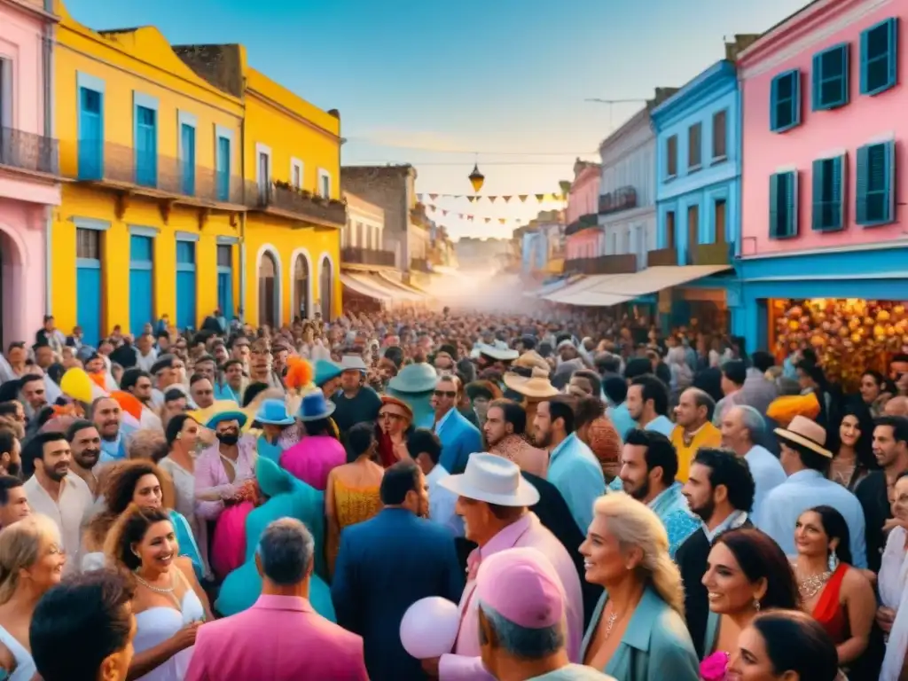 Carnaval en Uruguay: Colorida celebración en las calles de Montevideo Un vibrante cuadro de acuarela que retrata el bullicioso carnaval en Uruguay, en honor al legado de Cacho de la Cruz
