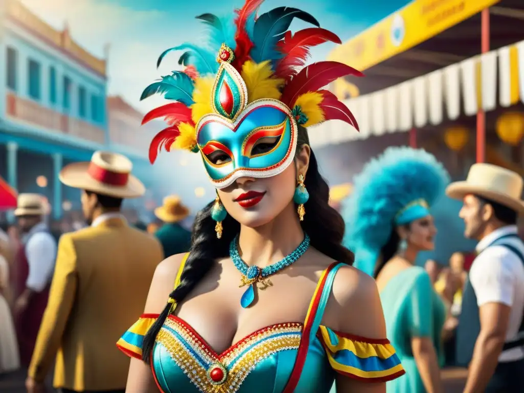 Artesanías y colores vibrantes en el carnaval uruguayo Un vibrante cuadro de acuarela del bullicioso carnaval en Uruguay, con artesanías y trajes tradicionales