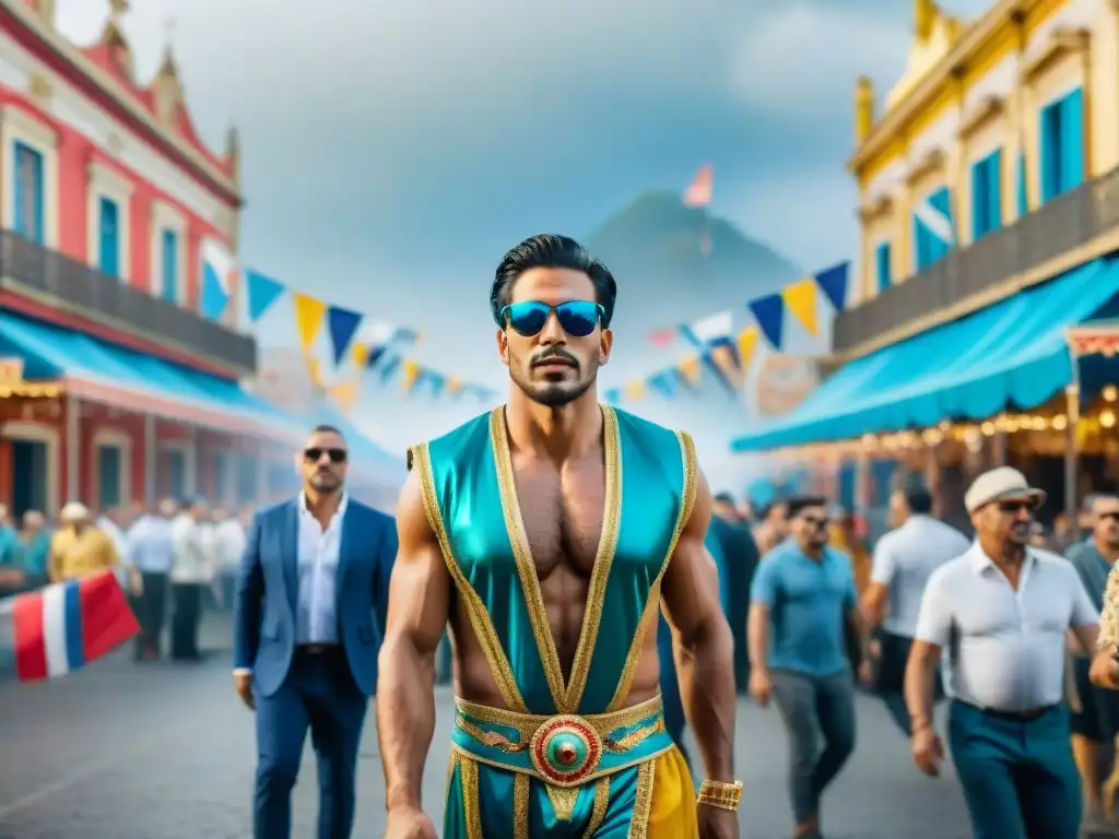 Carnaval colorido en Uruguay: escena vibrante de fiesta y alegría Un vibrante cuadro de acuarela que muestra un bullicioso escenario de carnaval en Uruguay