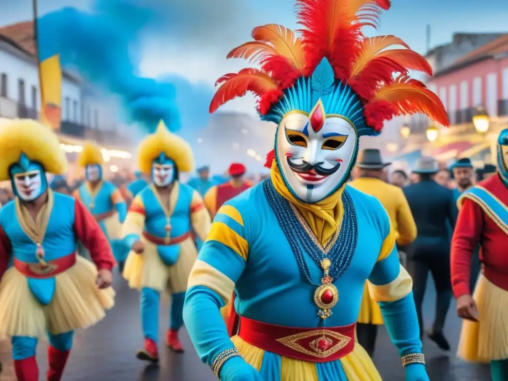 Colorida celebración de Carnaval en Uruguay: ¡vibrante y festiva! Un vibrante cuadro de acuarela que retrata el bullicioso Carnaval de Uruguay