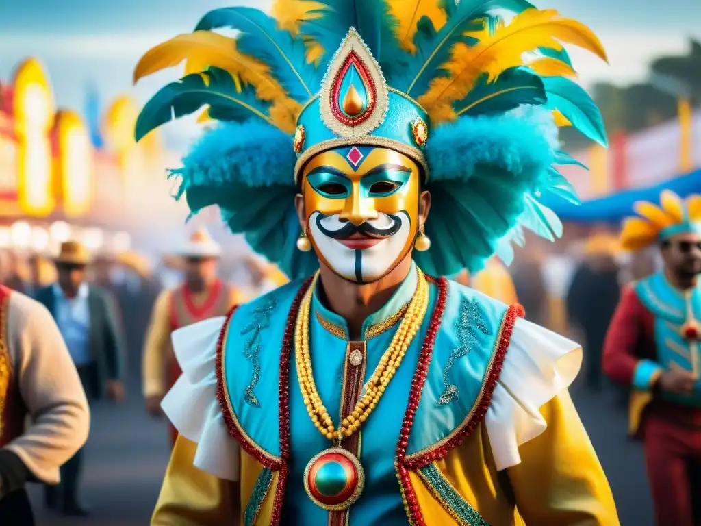 Carnaval uruguayo digital: desfile colorido y vibrante Un vibrante cuadro de acuarela que representa un bullicioso desfile de Carnaval en Uruguay, fusionando tradición y modernidad