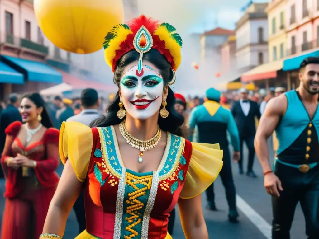 Carnaval de Montevideo: Baile y color en las calles Un vibrante cuadro acuarela del bullicioso Carnaval Uruguayo en las calles de Montevideo, ciudad transformada por la celebración