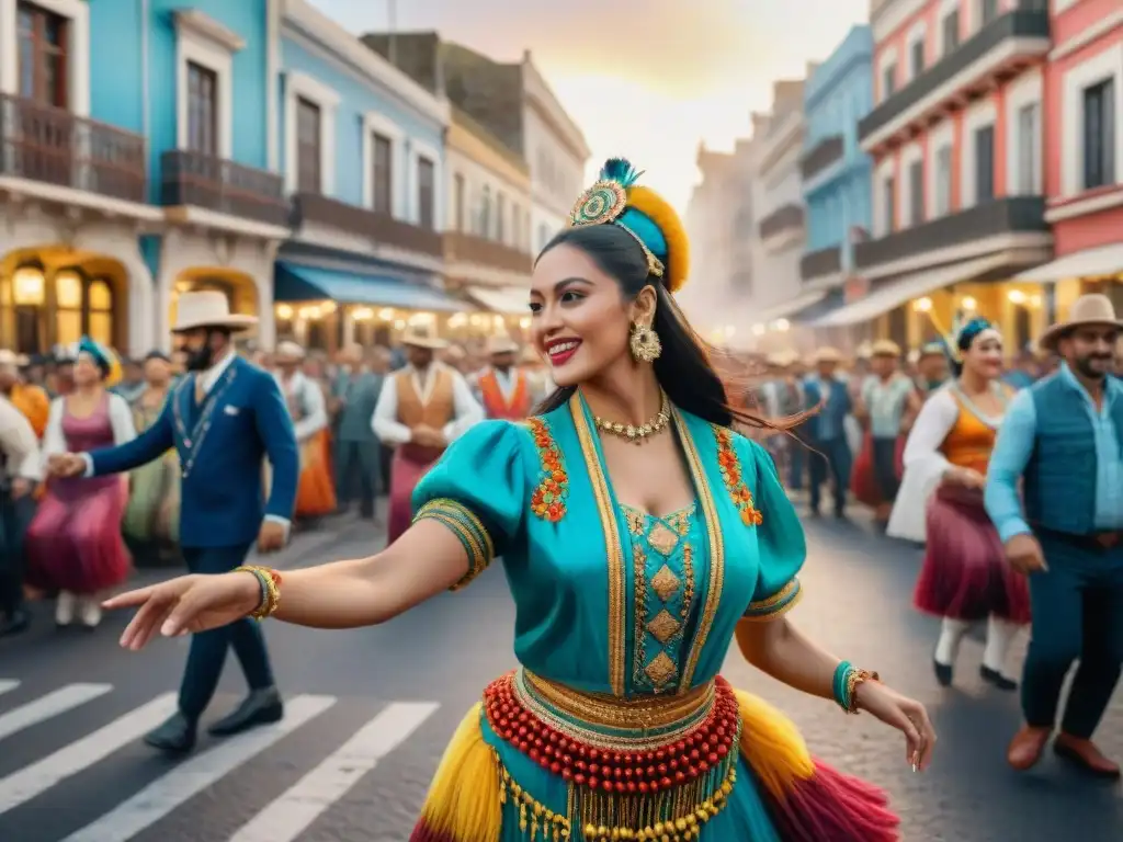 Un vibrante cuadro acuarela del Carnaval Uruguayo en Montevideo con bailarines tradicionales y espectadores, rodeados de edificios coloniales