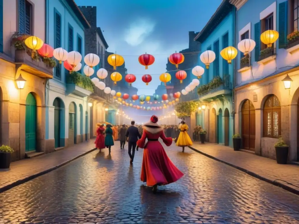 Escena nocturna de carnaval en Uruguay: vibrante acuarela Un vibrante cuadro acuarela del Carnaval Uruguayo de noche, con estrellas y linternas coloridas iluminando la calle bulliciosa