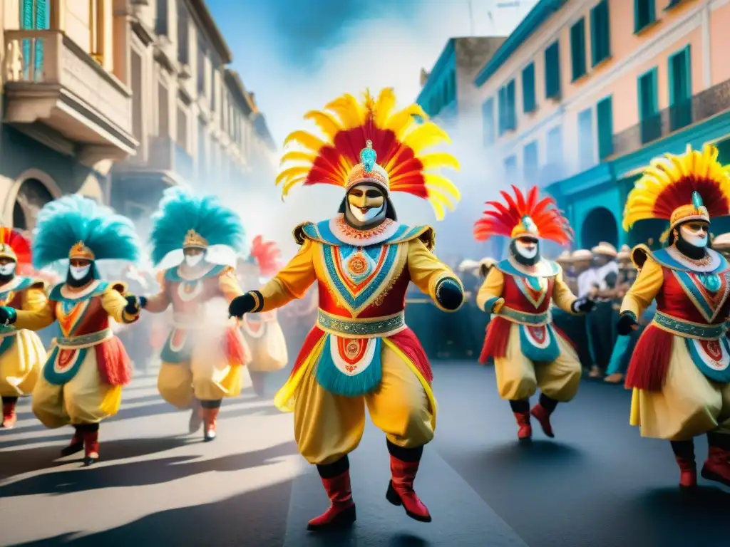 Pintura acuarela vibrante del Carnaval Uruguayo Un vibrante cuadro acuarela del carnaval uruguayo, con detalles de desfiles, bailes y alegría, mostrando la resiliencia y comunidad de esta festividad