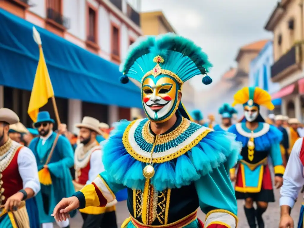 Desfile colorido en Carnaval Uruguayo Un vibrante cuadro de acuarela que retrata el Carnaval Uruguayo, con personajes alegres y coloridos en desfile por las calles