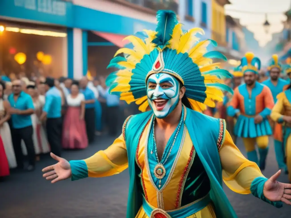 Carnaval Uruguayo: Fiesta de colores y alegría Un vibrante cuadro de acuarela capturando el Carnaval Uruguayo, con artistas en trajes elaborados bailando entre la multitud