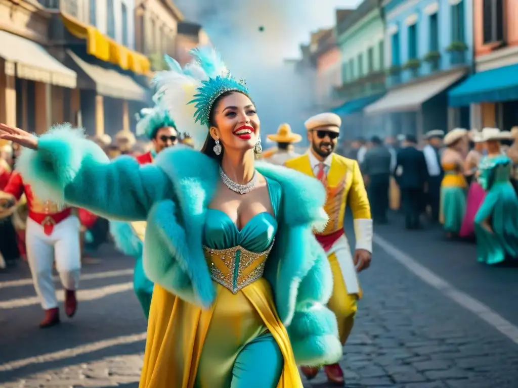 Carnaval Uruguayo: pintura acuarela llena de color y alegría Un vibrante cuadro de acuarela del Carnaval Uruguayo, con coloridos trajes, música y baile, capturando la alegría y la festividad del evento