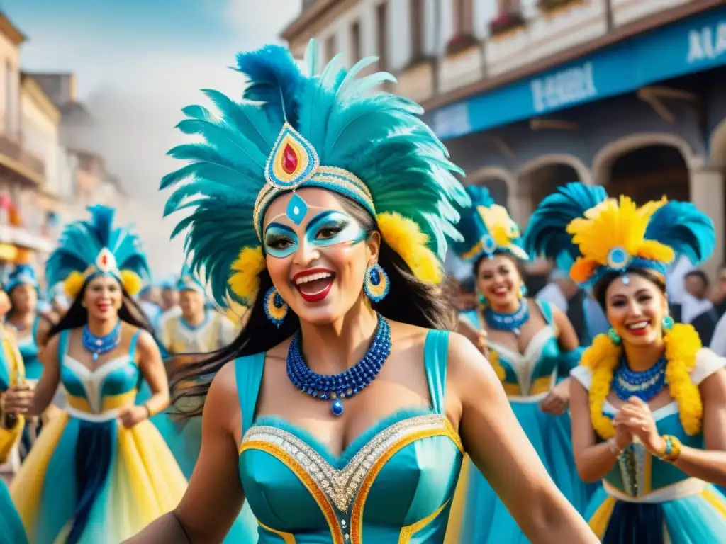Deslumbrante baile de mujeres en Carnaval uruguayo Un vibrante cuadro acuarela del Carnaval Uruguayo con mujeres empoderadas bailando