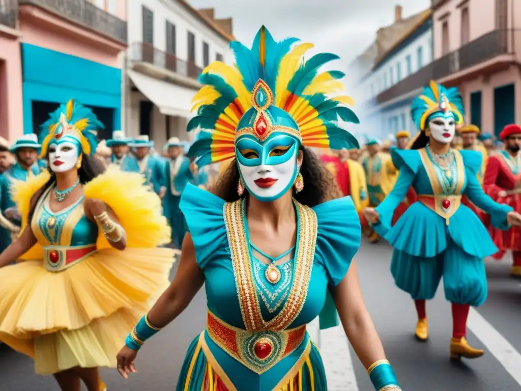 Deslumbrante Carnaval en Uruguay: danzas, música y color Un vibrante cuadro de acuarela que muestra el Carnaval de Uruguay con danzas, música y espectadores