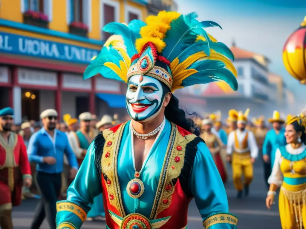 Carnaval Uruguayo: Celebración colorida y alegre Un vibrante cuadro de acuarela del Carnaval Uruguayo, con deslumbrantes carrozas y bailarines, turismo internacional