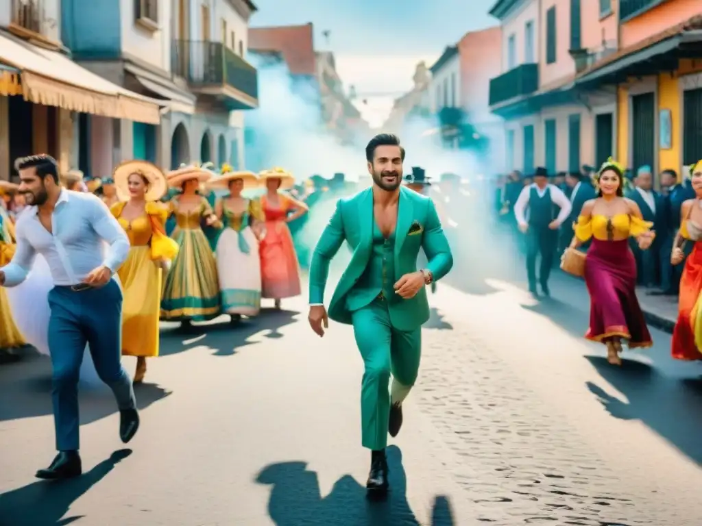 Colorida calle de Carnaval en Uruguay: fiesta y tradición Un vibrante cuadro de acuarela del Carnaval Uruguayo, mostrando el impacto económico y la energía festiva