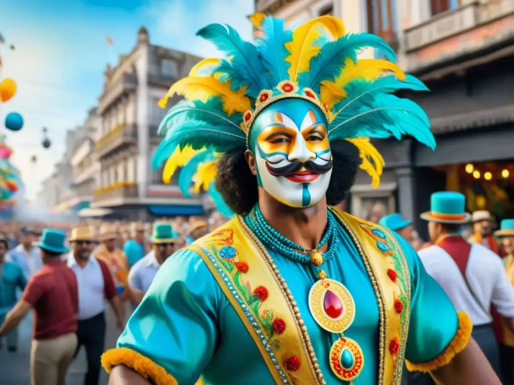 Colorida celebración del Carnaval en Uruguay Un vibrante cuadro de acuarela del Carnaval en Uruguay, con carrozas coloridas y danzantes en elaborados trajes