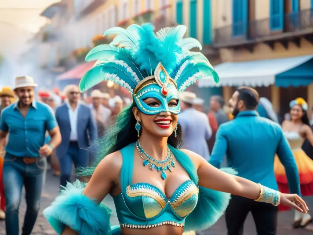 Pintura acuarela: Carnaval en Uruguay Un vibrante cuadro de acuarela del Carnaval en Uruguay 2021, con disfraces coloridos y bailes energéticos