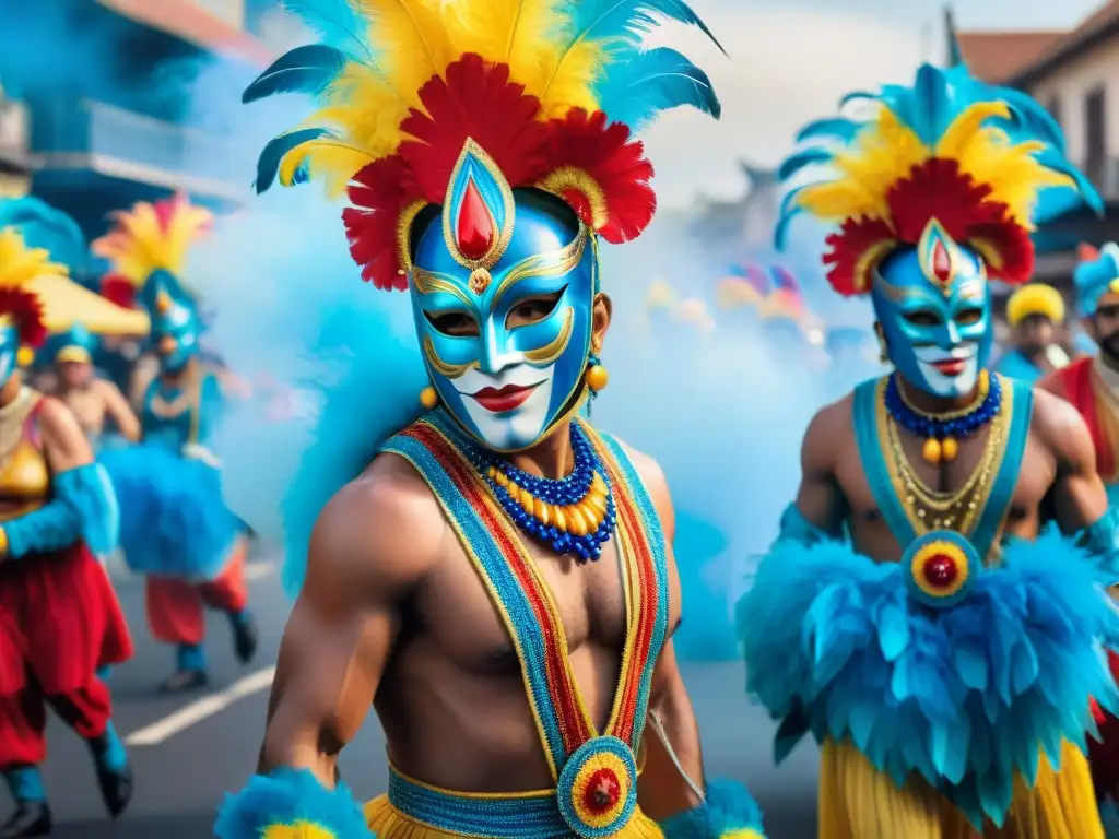 Carnaval Uruguayo: Desfile colorido y festivo Un vibrante cuadro acuarela del Carnaval Uruguayo, con desfiles coloridos, máscaras y danzas alegres al ritmo de la música tradicional