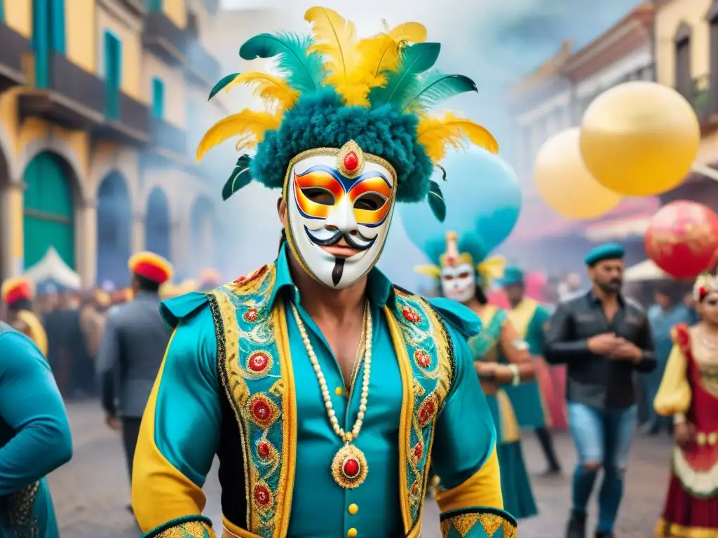 Carnaval Uruguayo: Baile enmascarado Un vibrante cuadro de acuarela del Carnaval Uruguayo con máscaras elaboradas, trajes coloridos y misterio en el aire