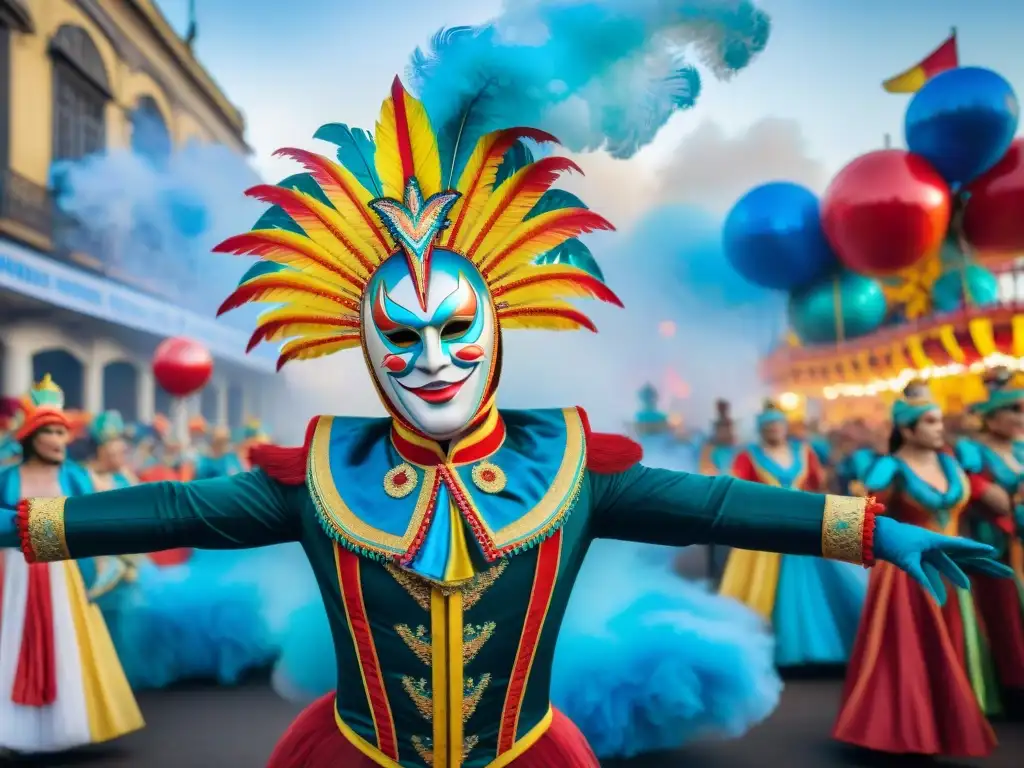 Carnaval en Uruguay: pintura acuarela detallada y vibrante Un vibrante cuadro acuarela del Carnaval en Uruguay con paquetes exclusivos Carnaval Uruguay