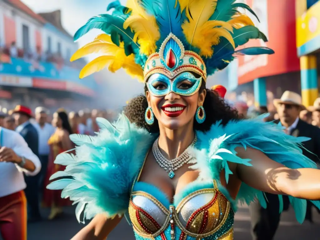 Deslumbrante Carnaval en Uruguay: baile, color y emoción Un vibrante cuadro de acuarela del Carnaval en Uruguay con danzas y trajes elaborados, mostrando técnicas avanzadas de danza