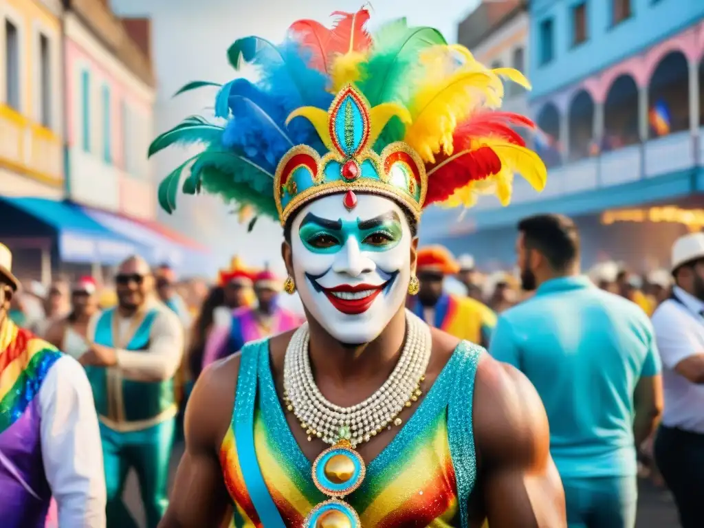Desfile de Carnaval LGBT+ en Uruguay: Diversidad y Alegría Un vibrante cuadro acuarela de comparsas LGBT+ en Carnaval Uruguayo, celebrando la diversidad con coloridos trajes y alegría contagiosa