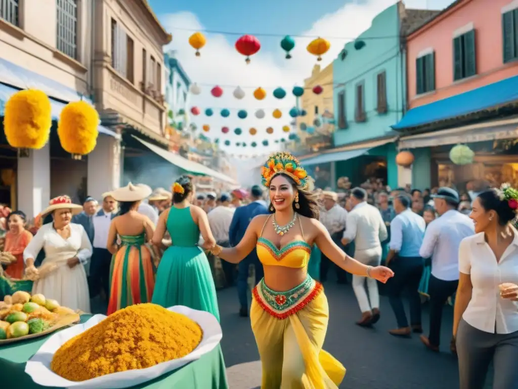Colorida pintura de Carnaval en Uruguay: mercado y desfile Un vibrante cuadro de acuarela del Carnaval Uruguayo con la Alimentación sostenible y coloridos trajes tradicionales