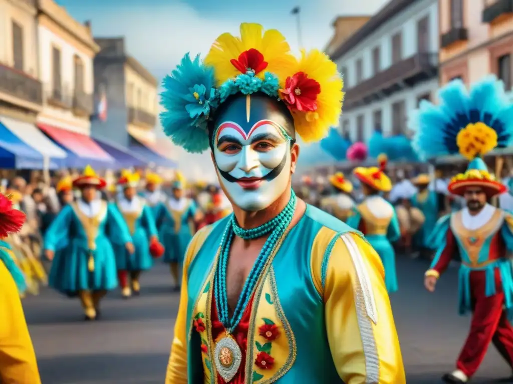 Desfile vibrante del Carnaval Uruguayo: tradición sostenible y colorida Un vibrante cuadro en acuarela del Carnaval Uruguayo sostenible, con desfile colorido, detallados carros alegóricos y trajes tradicionales