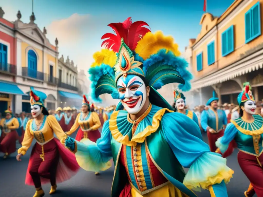 Un vibrante cuadro acuarela del colorido desfile de carnaval en Uruguay, reflejando la energía y emoción de las festividades