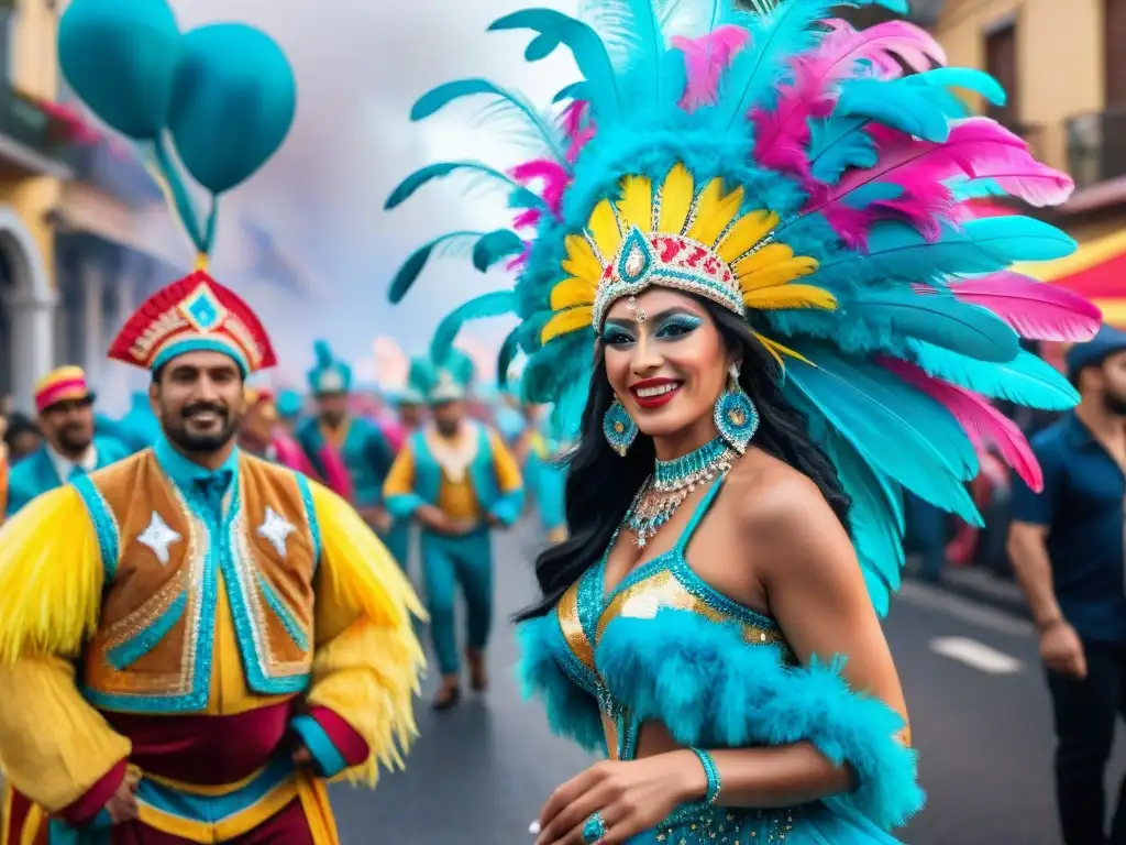 Desfile de comparsas en el Carnaval de Montevideo Un vibrante cuadro de acuarela que muestra un colorido desfile de comparsas en pleno Carnaval Uruguayo, con impacto en la identidad cultural