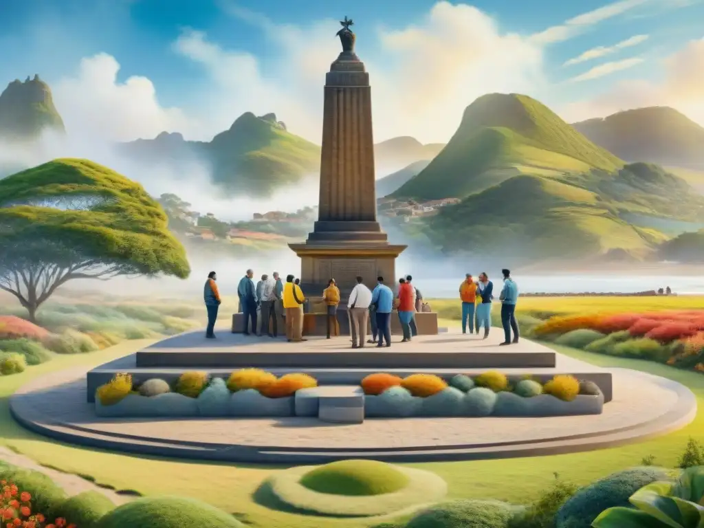 Pintura acuarela de comunidad diversa preservando monumento en Uruguay Un vibrante cuadro de acuarela que muestra a la comunidad uruguaya conservando su patrimonio cultural