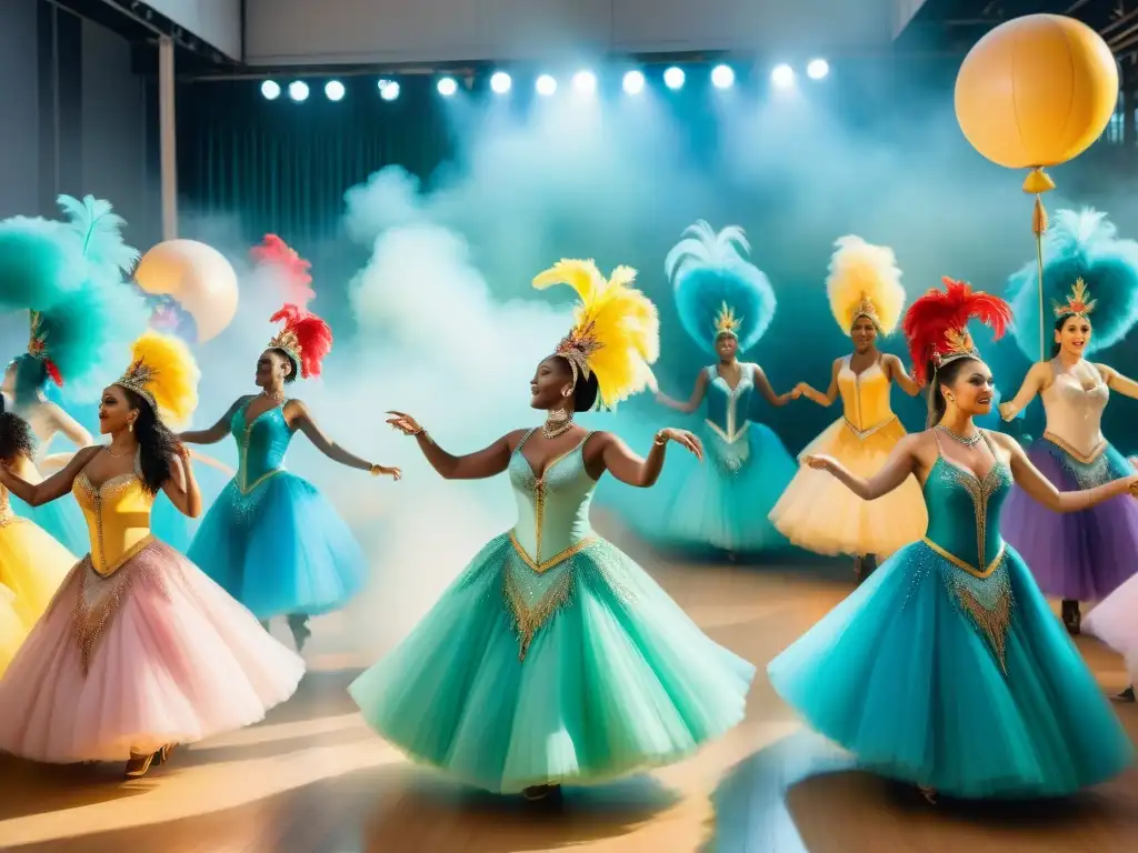 Un vibrante cuadro acuarela detallado de coreógrafos del Carnaval, inmersos en la pasión de crear un deslumbrante espectáculo para el desfile