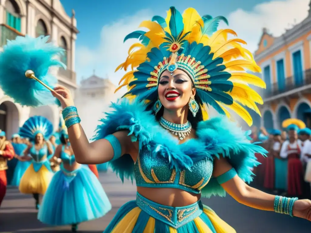 Vibrante carnaval uruguayo: baile y colorido en acuarela Un vibrante cuadro de acuarela detallado de artistas de carnaval en Uruguay, bailando con energía bajo un cielo azul