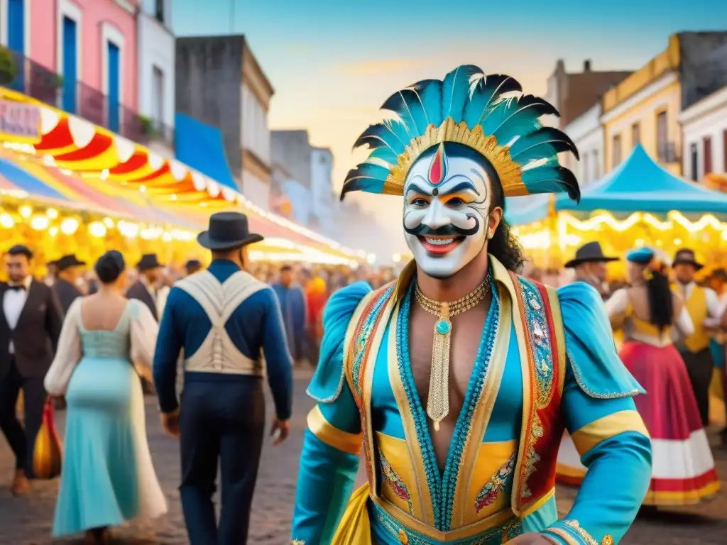 Un vibrante cuadro de acuarela detallado muestra el Carnaval en Uruguay con platos típicos y música tradicional